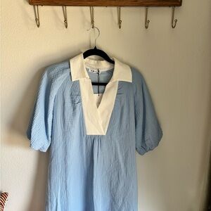 THML Light Blue Puff Sleeve Tunic Top with White Contrast Collar|size small| NWT